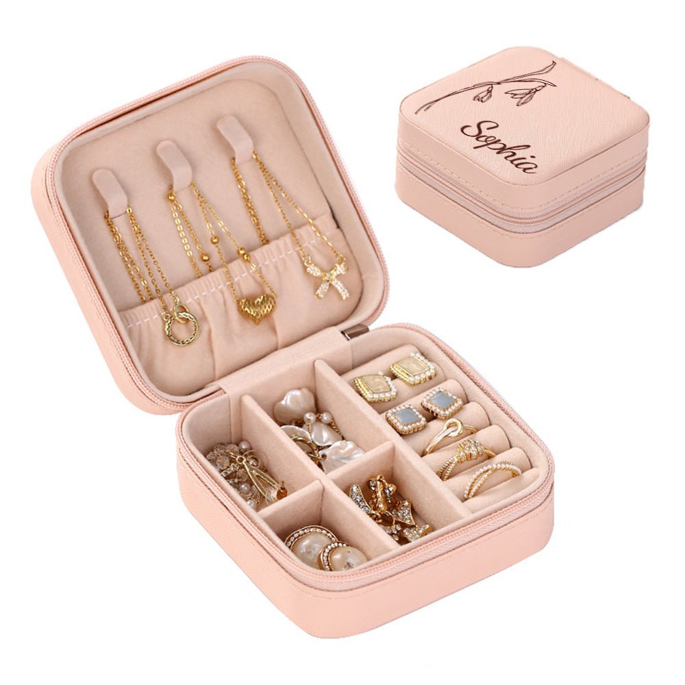 Personalized Birth Flower Travel Jewelry Box Gift - Cherished Harbor Gifts
