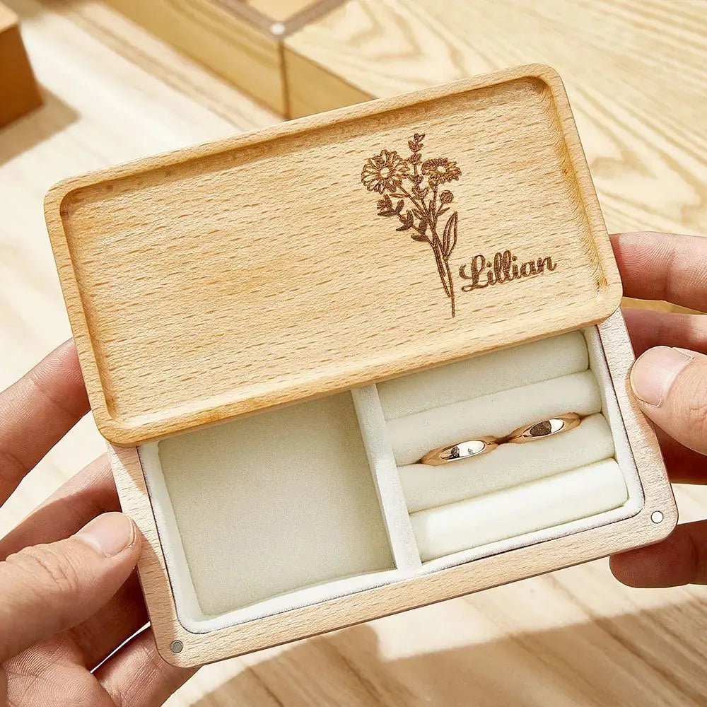 Personalized Wooden Birth Flower Jewelry Box Gift - Cherished Harbor Gifts