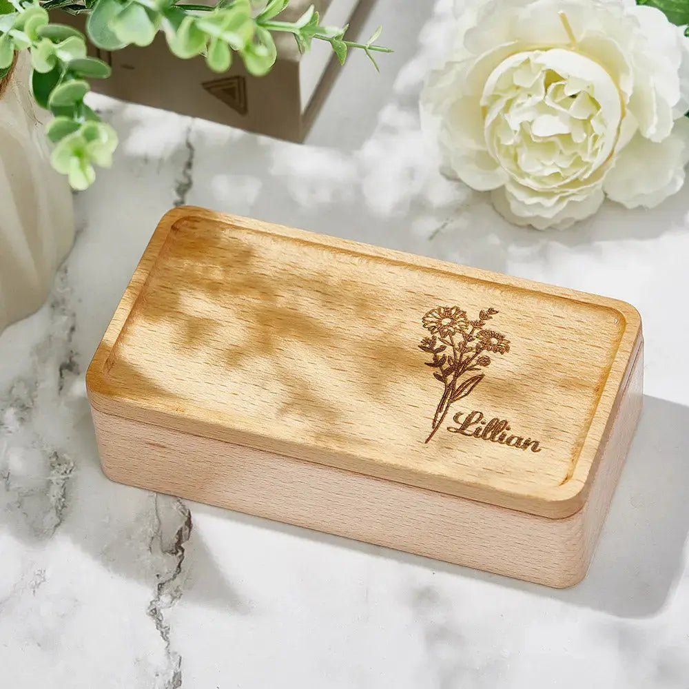 Personalized Wooden Birth Flower Jewelry Box Gift - Cherished Harbor Gifts