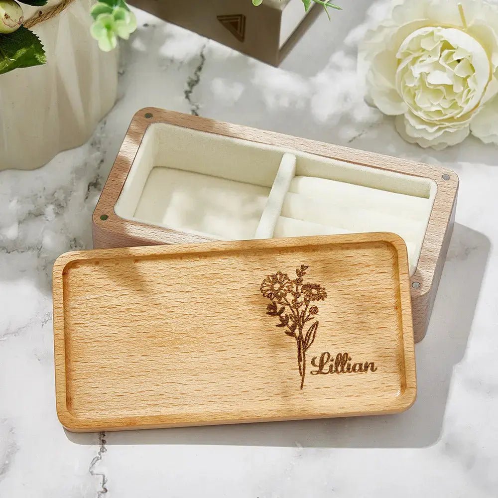 Personalized Wooden Birth Flower Jewelry Box Gift - Cherished Harbor Gifts