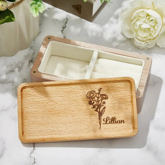 Personalized Wooden Birth Flower Jewelry Box Gift - Cherished Harbor Gifts