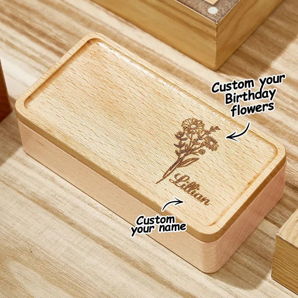 Personalized Wooden Birth Flower Jewelry Box Gift - Cherished Harbor Gifts