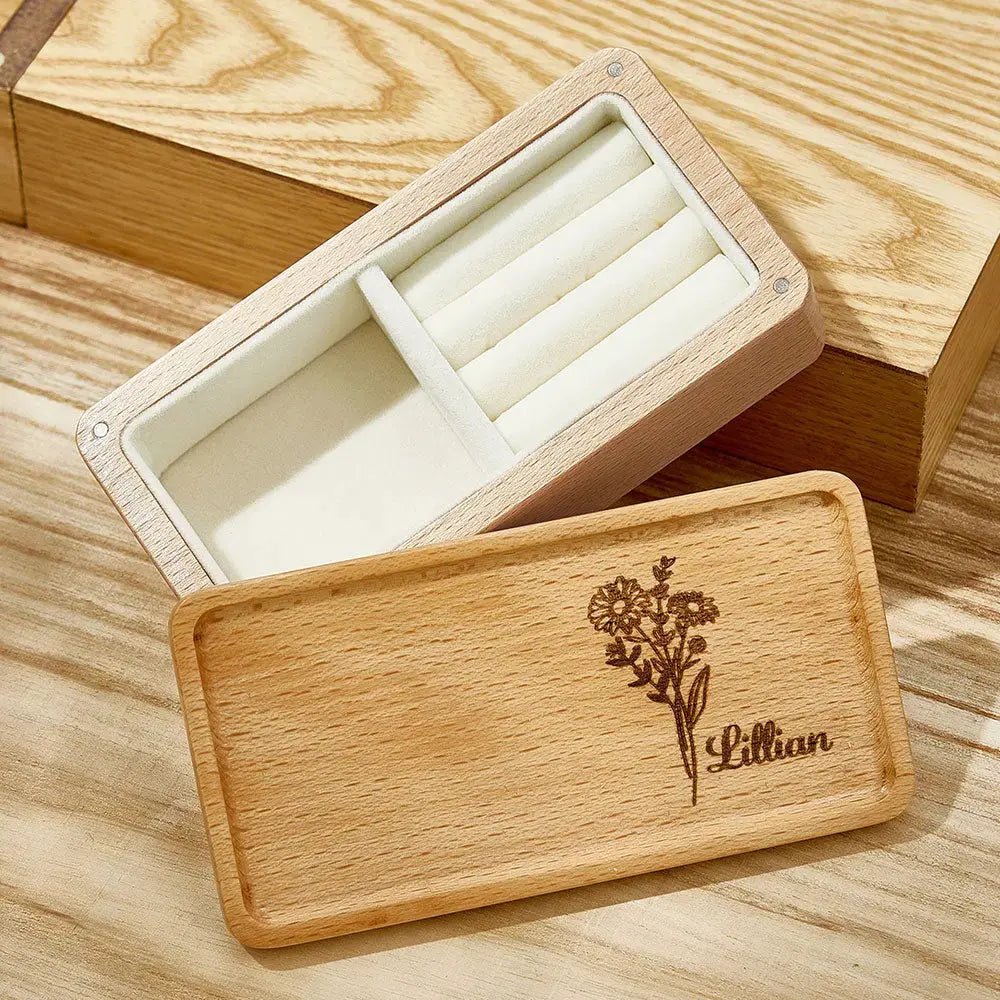 Personalized Wooden Birth Flower Jewelry Box Gift - Cherished Harbor Gifts