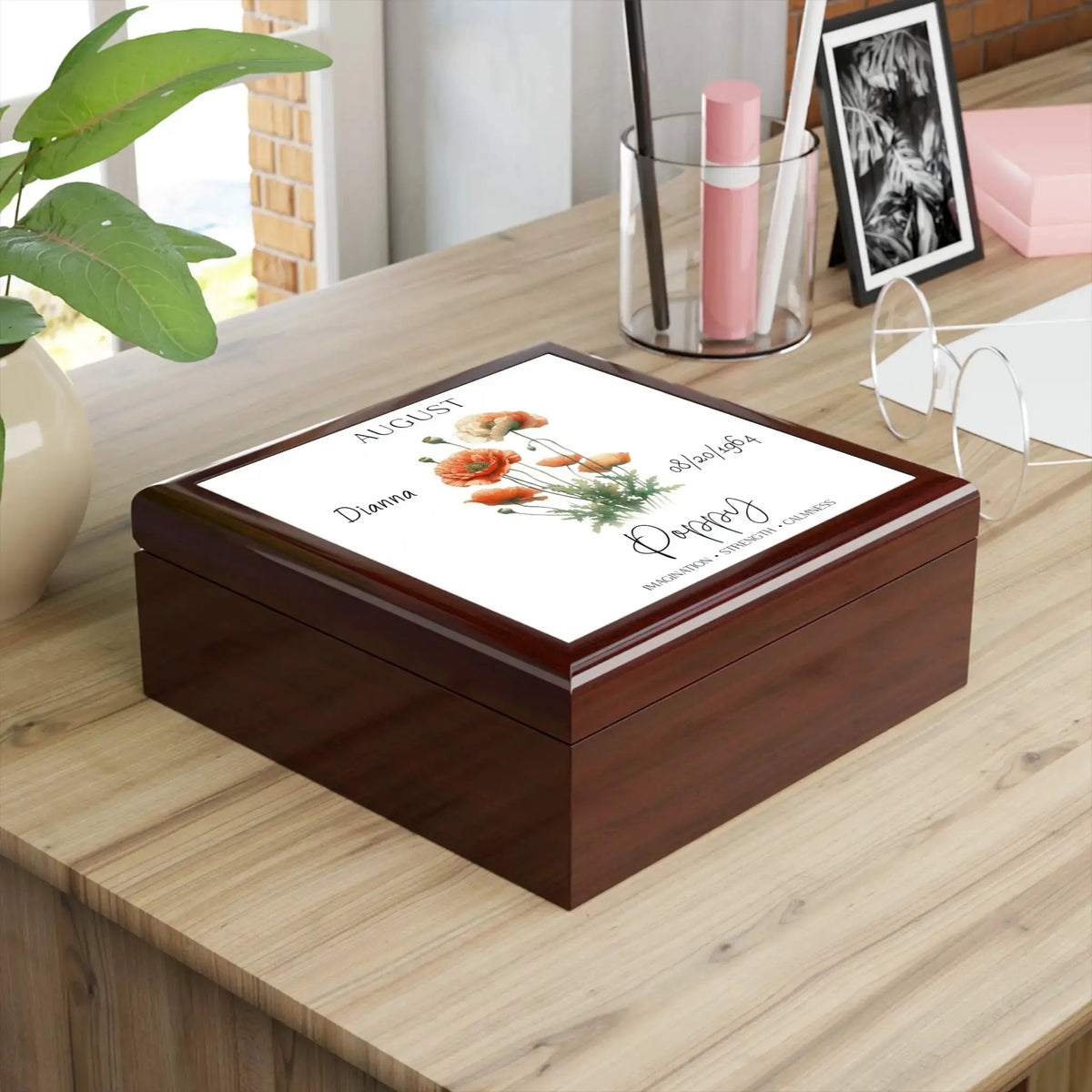 Personalized wooden memory box featuring floral design and custom text.