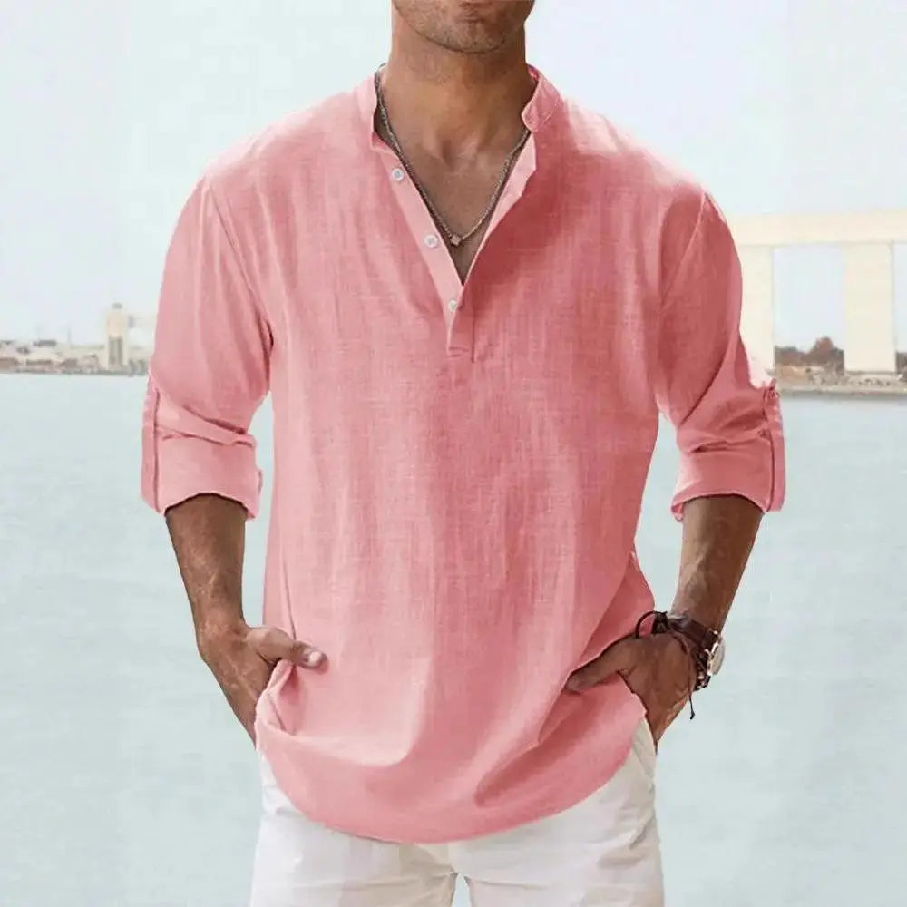 Men's Linen Casual Shirt - Relaxed Long Sleeve Pullover by TED