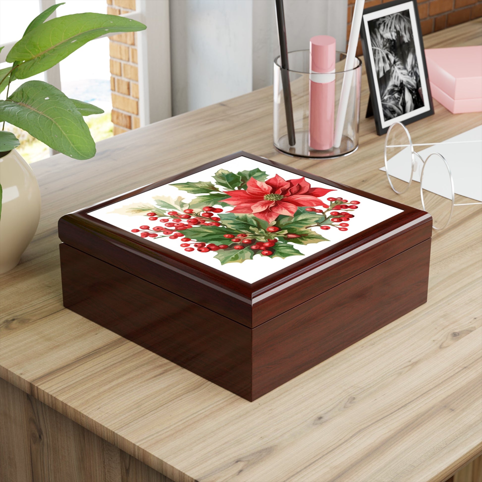 Poinsettia & Holly Jewelry Box — Christmas Jewelry Box - Cherished Harbor Gifts