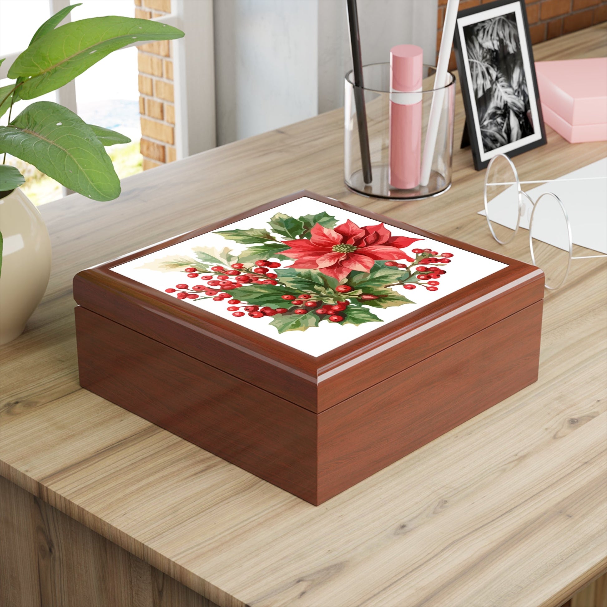 Poinsettia & Holly Jewelry Box — Christmas Jewelry Box - Cherished Harbor Gifts