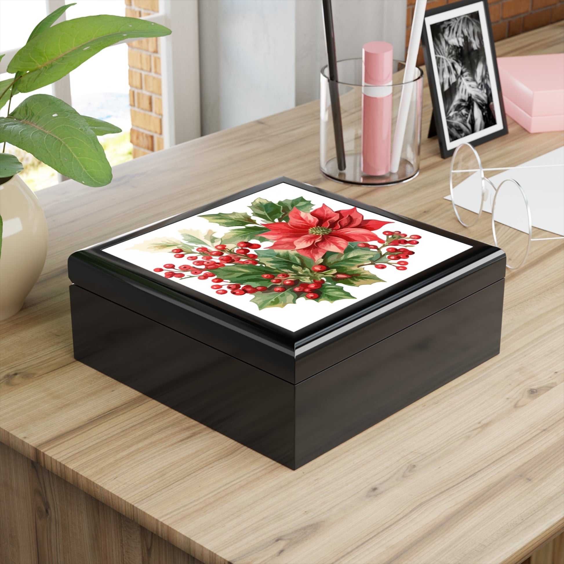 Poinsettia & Holly Jewelry Box — Christmas Jewelry Box - Cherished Harbor Gifts