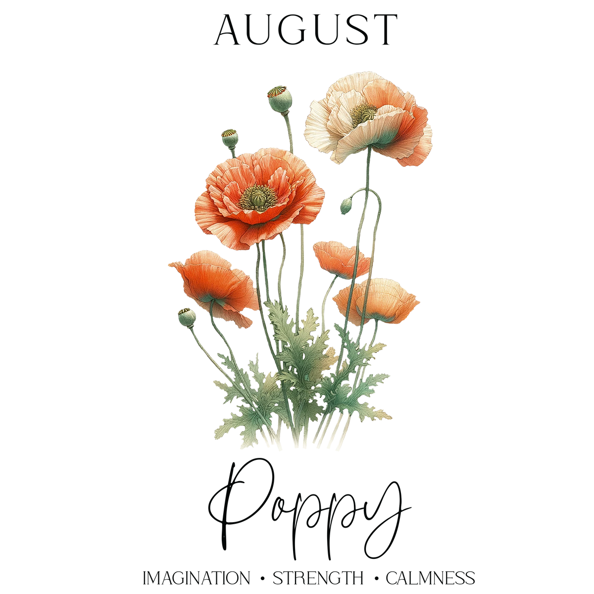 Poppy flower illustration for August, featuring vibrant orange blooms and green foliage.