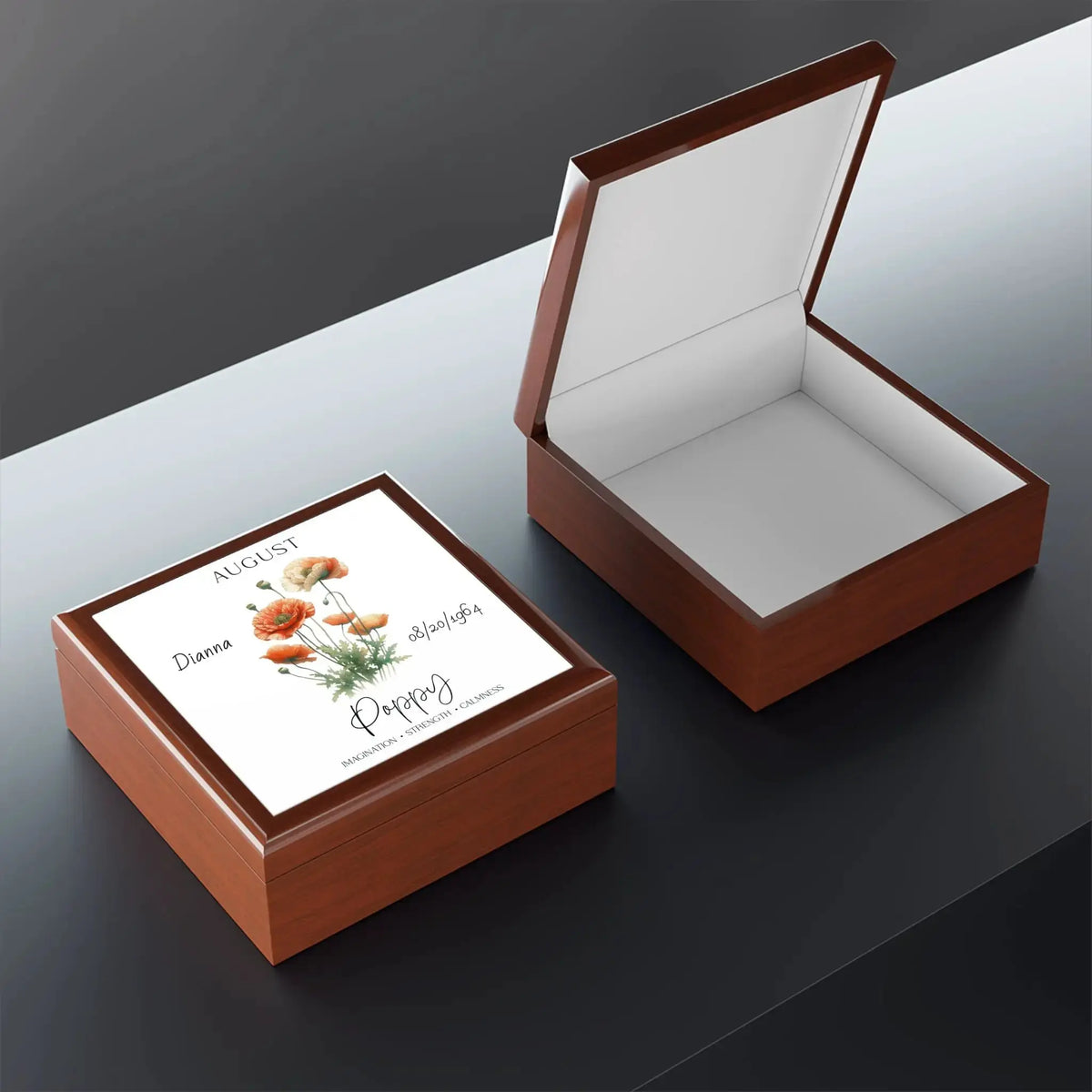 Poppy wooden jewelry box featuring floral design and spacious interior.