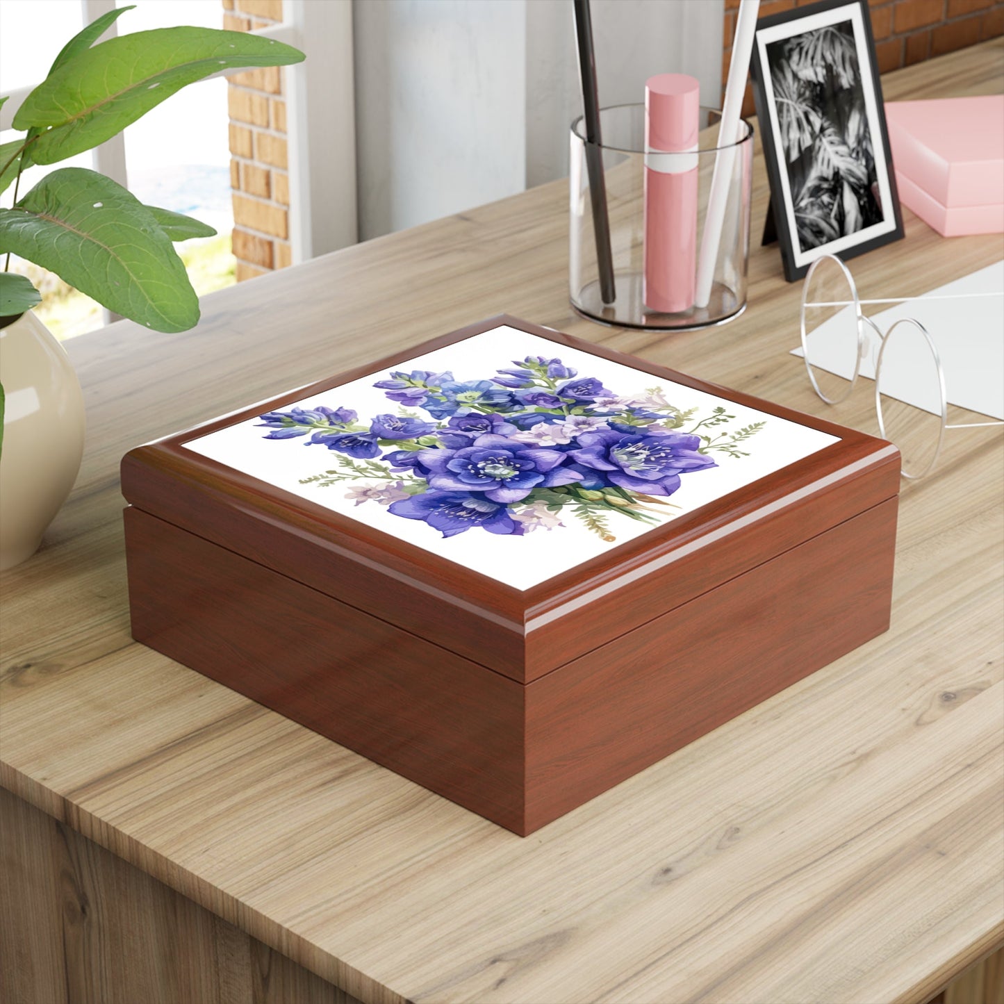 Purple Bouquet Floral Keepsake Jewelry Box - Elegant Rubberwood Organizer with Felt Interior - Cherished Harbor Gifts