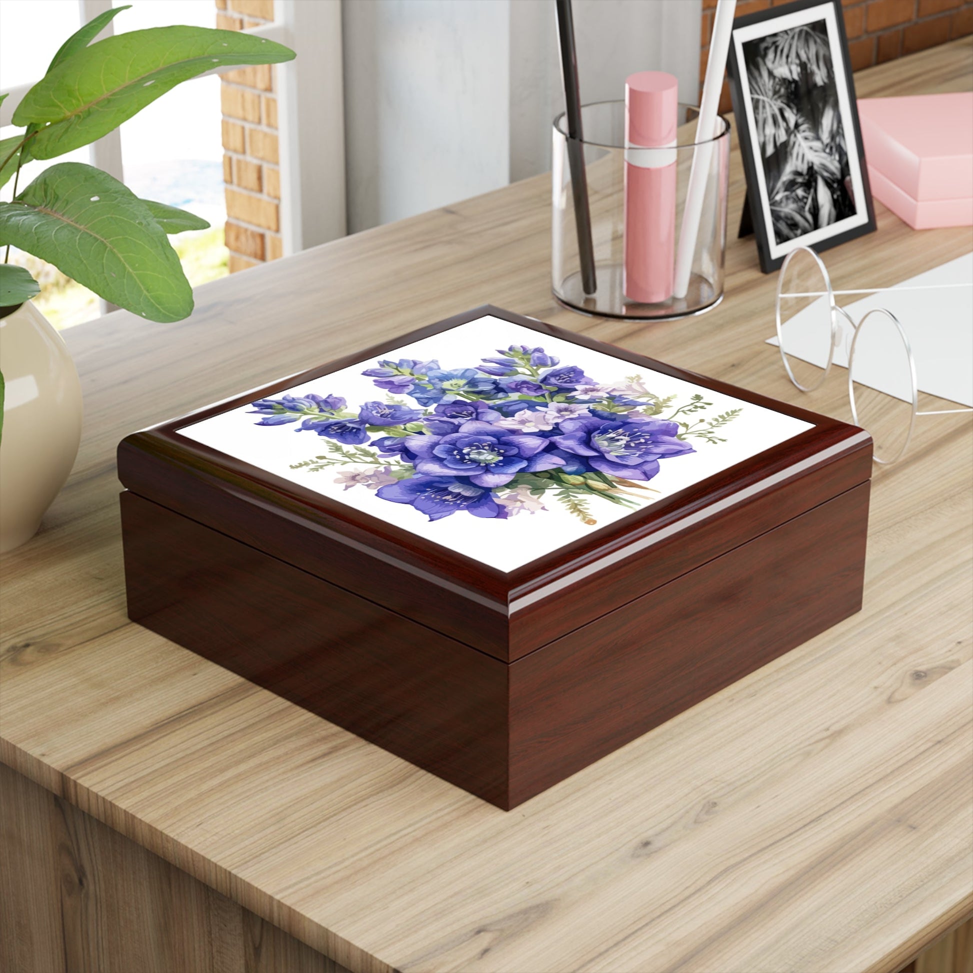 Purple Bouquet Floral Keepsake Jewelry Box - Elegant Rubberwood Organizer with Felt Interior - Cherished Harbor Gifts