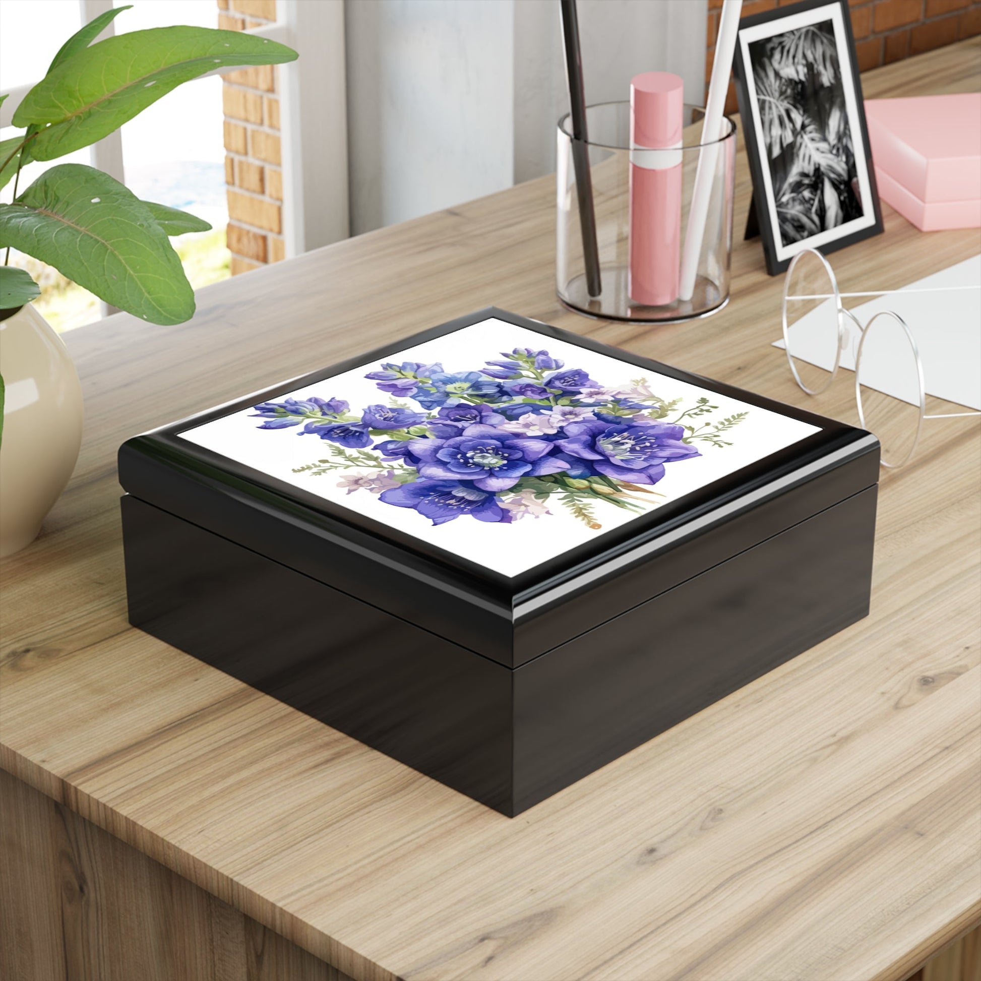 Purple Bouquet Floral Keepsake Jewelry Box - Elegant Rubberwood Organizer with Felt Interior - Cherished Harbor Gifts