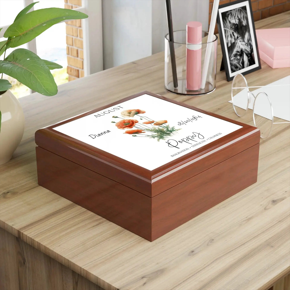 Rosewood keepsake box featuring floral design and inspirational quotes.