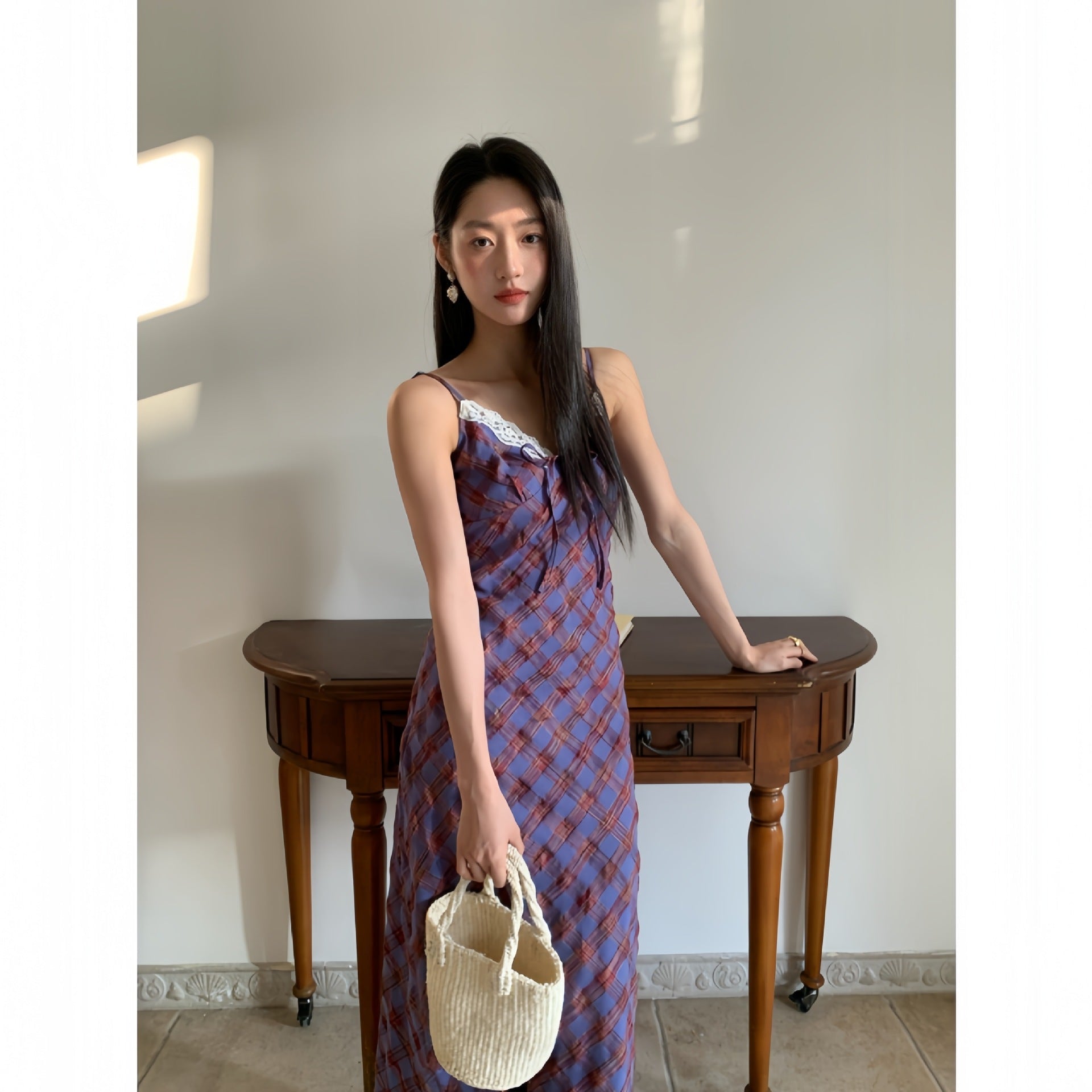 Women's Plaid V-Neck Camisole Maxi Holiday Dress - Cherished Harbor Gifts