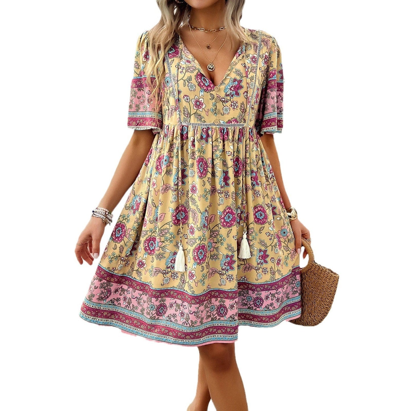Women's Printed Rayon Short Sleeve Midi Holiday Dress - Cherished Harbor Gifts