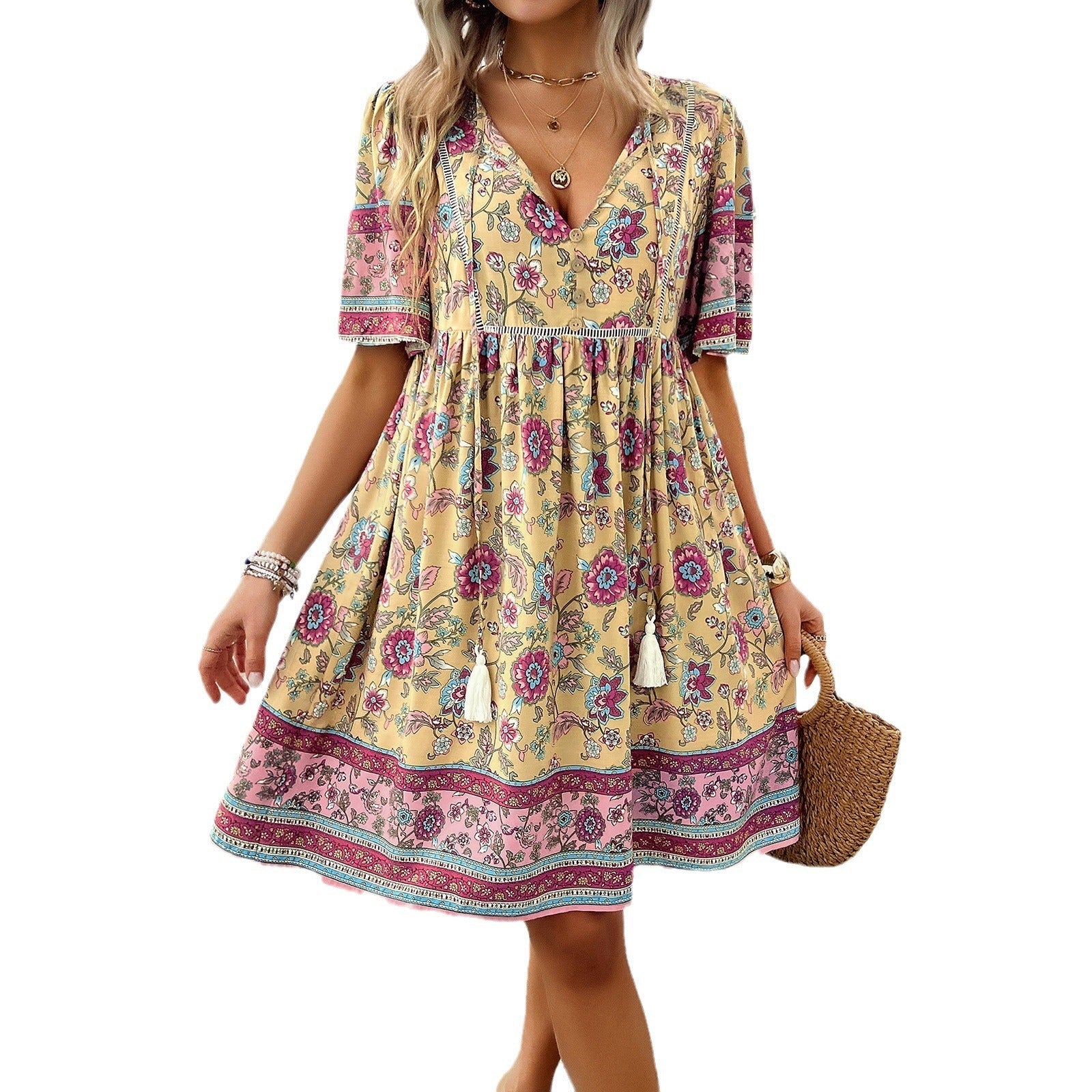 Women's Printed Rayon Short Sleeve Midi Holiday Dress - Cherished Harbor Gifts